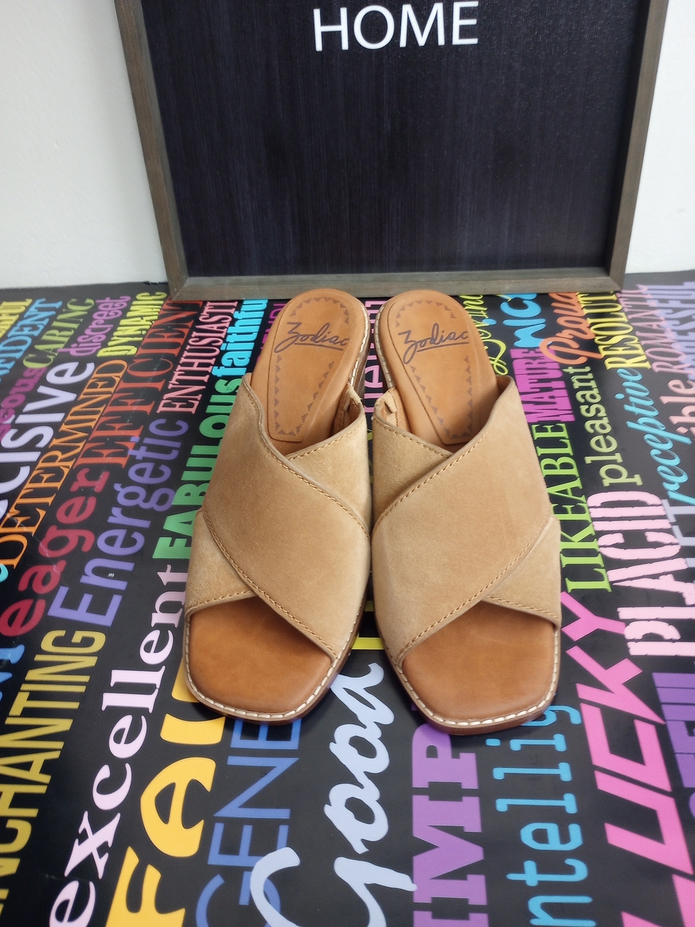 Zodiac Tan Suede Crossover Block Heel Mules!.